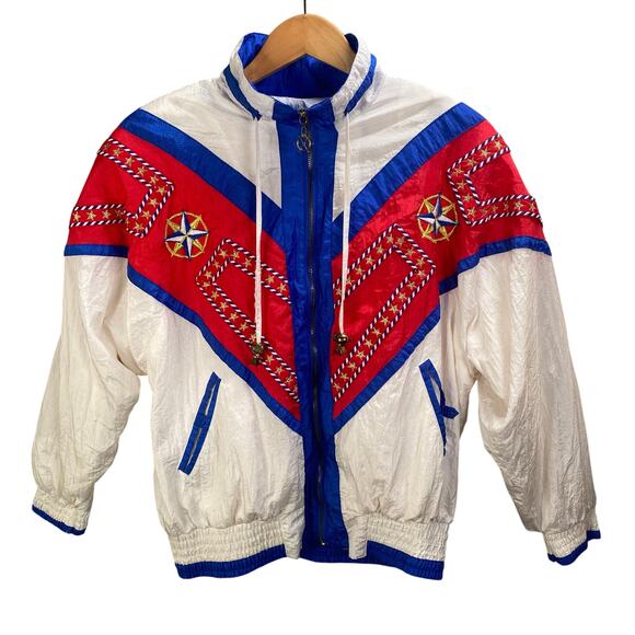 Vintage 80s Nautical Windbreaker Jacket White Red Blue Gold Accents Retro Y2k - Picture 1 of 14